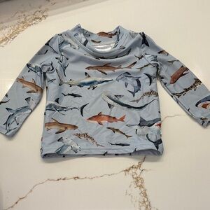 Posh Peanut Light Blue Shark Print Kids Swim Rashguard